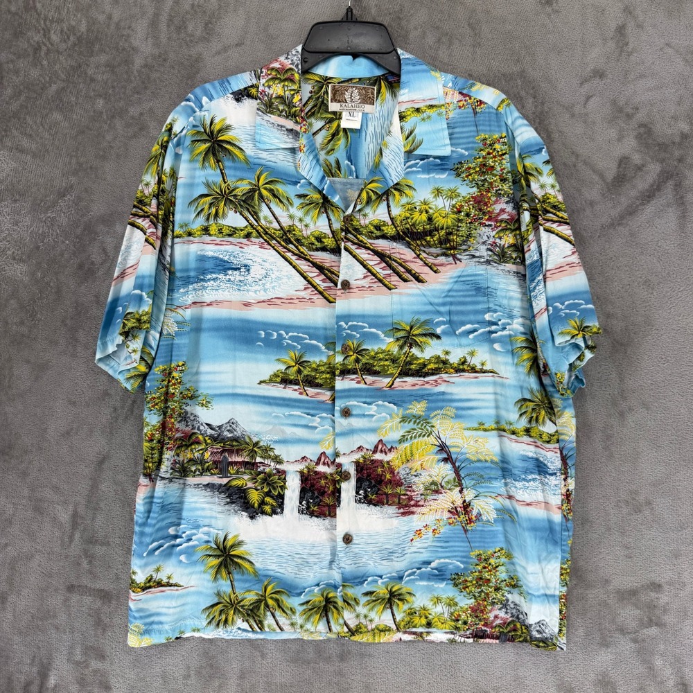 Kalaheo Hawaiian Shirt Mens XL Blue Tropical Island Palm Tree Rayon Made in USA